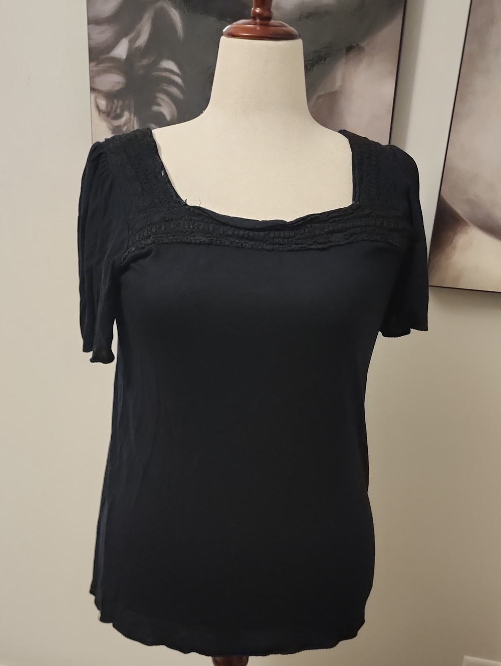 Shade Black Scoop Neck Women's Top with Lace Trim Size XL